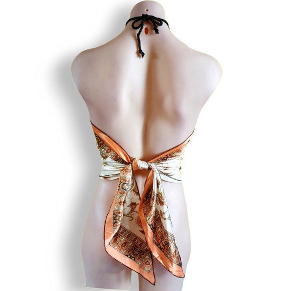 Metallic cream, orange + gold scarf top, black exposed hem trim + rope neck ties - Picture 3 of 4